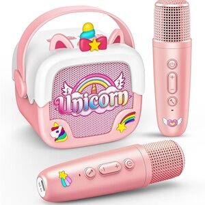 Unicorn Mini Karaoke Machine Bluetooth Speaker w/ 2 Mics Kids Pink NEW